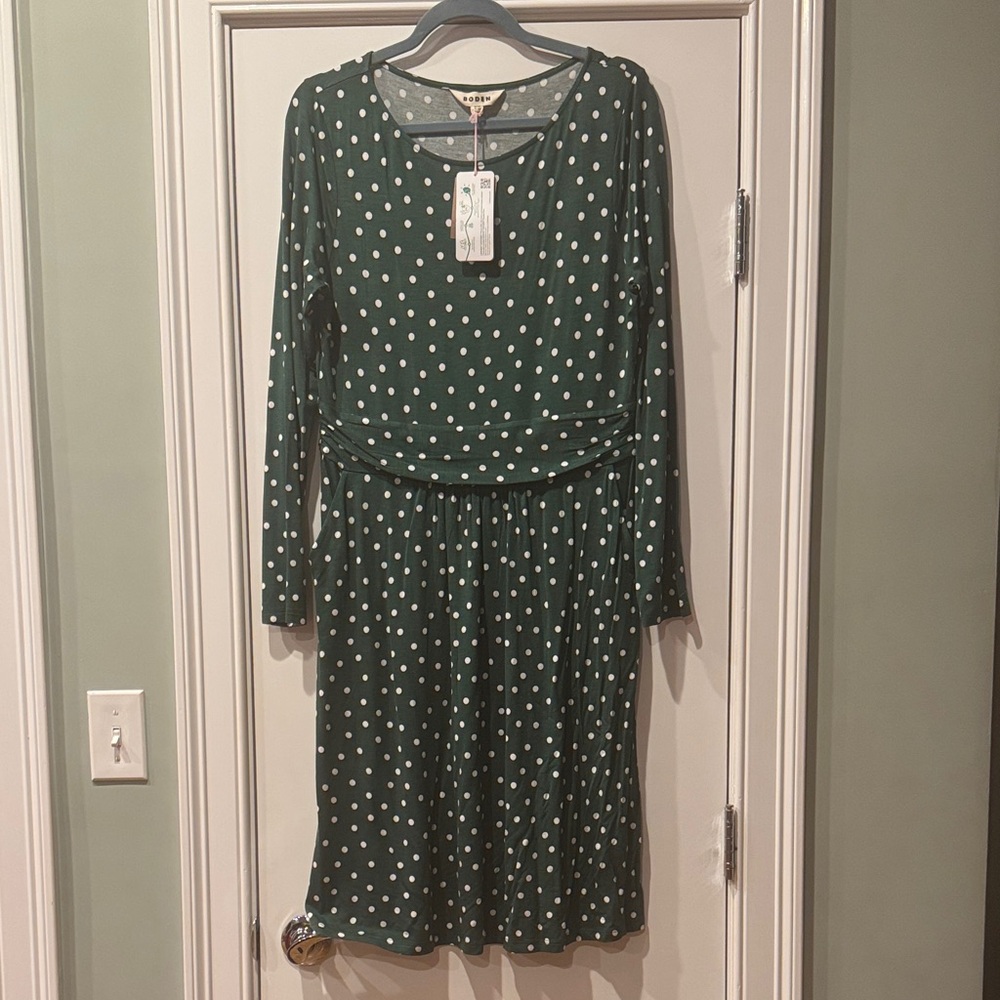 Boden Dark Green Polka Dot Long Sleeve Dress